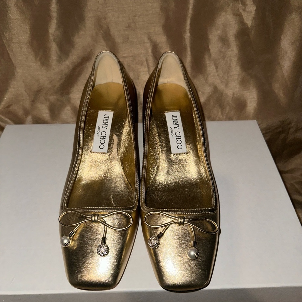 Jimmy Choo Gold Metallic Square-Toe Ballet Flats with Bow & Charms